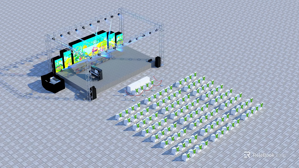 Modern Event Stage Setup With Lighting Large Screens And Rows Of Audience Seats 3d model 