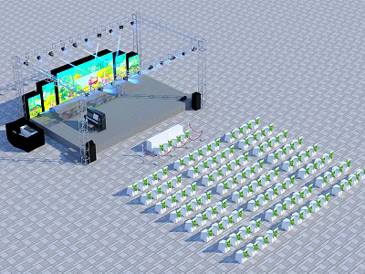 Modern Event Stage Setup With Lighting Large Screens And Rows Of Audience Seats 3d model