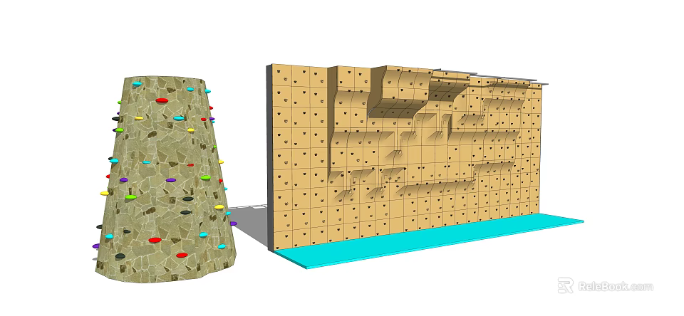 Sports Equipment Round And Rectangular Climbing Walls With Colorful Holds Complex Structure And Blue Mat 3d model 