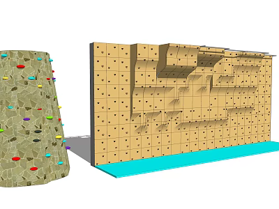 Sports Equipment Round And Rectangular Climbing Walls With Colorful Holds Complex Structure And Blue Mat 3d model