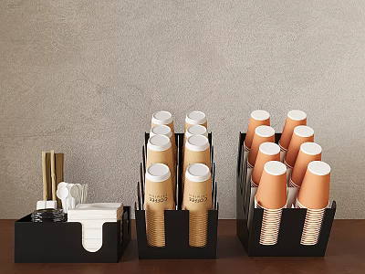 Black Organizers Holding Gold And Orange Paper Cups Cutlery And Tissues On Wooden Table 3d model