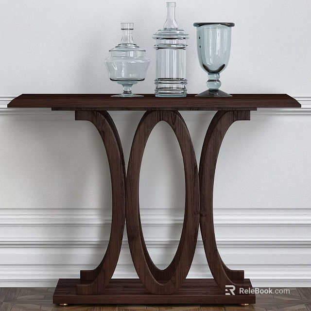 Dark Wood Console Table With Curved Legs And Glass Decor On White Wainscoting Wall 3d model 