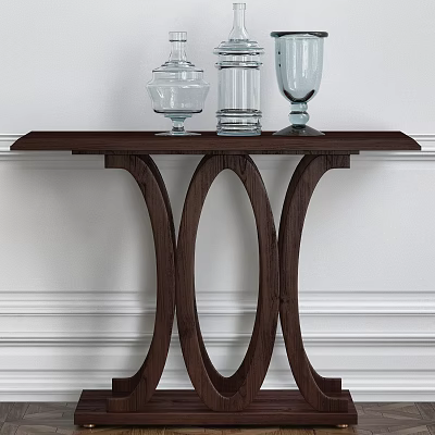 Dark Wood Console Table With Curved Legs And Glass Decor On White Wainscoting Wall 3d model