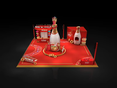 Floral Installation Design With Red Display Platform And Golden Decorative Elements 3d model