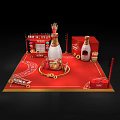 Floral Installation Design With Red Display Platform And Golden Decorative Elements