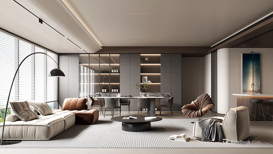 Modern Living Dining Room Interior With Sofa Dining Table Glass Door Cabinets And Recessed Lighting 3d model 