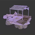 Rustic Outdoor Stall With Gray Roof Wooden Platform Stone Base And Clay Pots