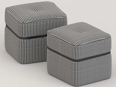 Modern Two Cube Shaped Black And White Houndstooth Upholstered Stools 3d model