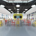 School Bright Classroom With Colorful Tables Chairs Windows And Learning Shelves