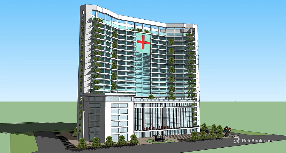 Modern High Rise Hospital Building With Red Cross Symbol Green Plants And Glass Facade Design 3d model 