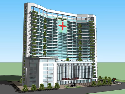 Modern High Rise Hospital Building With Red Cross Symbol Green Plants And Glass Facade Design 3d model