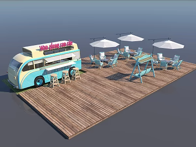 Vintage Ice Cream Van with Outdoor Seating Area Wooden Deck and White Umbrellas 3d model