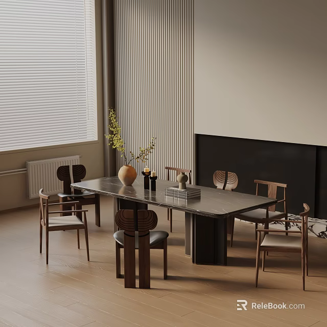 Modern Dining Table Set With Wooden Chairs Vase Candles And Fireplace Background 3d model 
