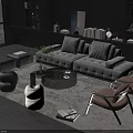 Elegant Gray Sofa and Round Coffee Table Set with Armchairs Rug Plant and Decorative Books
