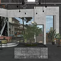 Industrial Style Café Interior With Large Windows Green Plants Concrete Elements And Wooden Tables