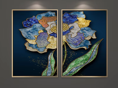 Botanical Floral Paintings With Deep Blue Background Green Leaves And Gold Accents 3d model