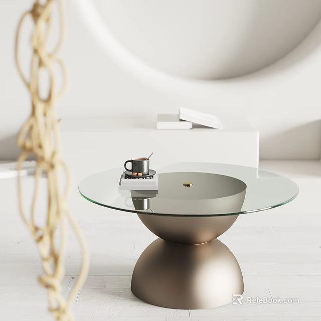 Minimalist Glass Top Coffee Table With Gold Base Black Cup White Books And Woven Decoration 3d model 