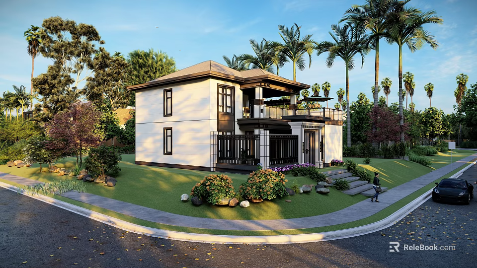 Detached Villa Featuring White Exterior Black Windows Lush Green Lawn And Surrounding Palm Trees 3d model 
