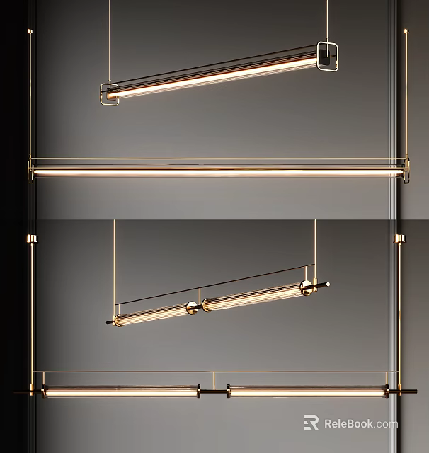 Modern Golden Metal Pendant Light With Long Rectangular LED Tube For Interior Decor 3d model 