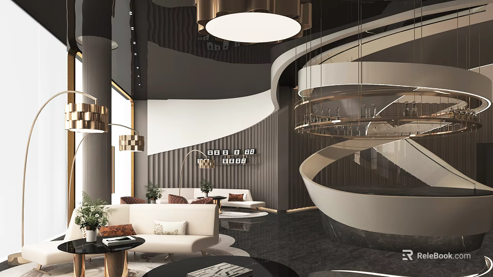 Elegant Hotel Lobby Interior With Spiral Staircase Comfortable Sofas Modern Chandelier And Decorative Walls 3d model 