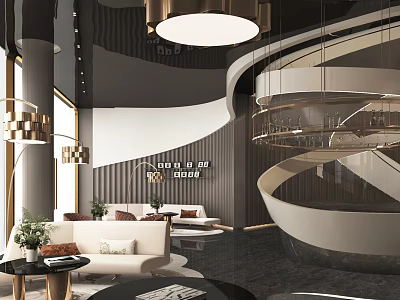 Elegant Hotel Lobby Interior With Spiral Staircase Comfortable Sofas Modern Chandelier And Decorative Walls 3d model