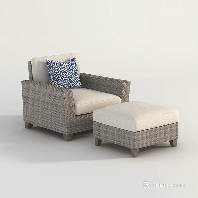 Outdoor Wicker Sofa Single Seater With Ottoman And Blue White Geometric Pillow Light Cushion 3d model 