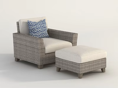 Outdoor Wicker Sofa Single Seater With Ottoman And Blue White Geometric Pillow Light Cushion 3d model
