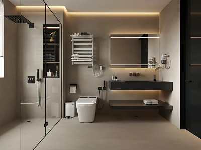 Modern Bathroom Interior Design With Glass Shower Enclosure White Toilet And Black Vanity 3d model