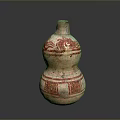 Traditional Gourd Shaped Ceramic Vessel With Red Animal Pattern Design