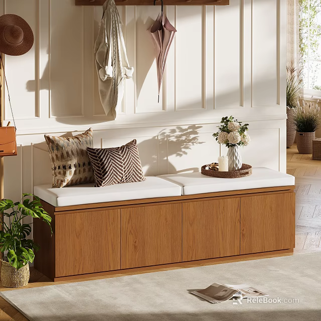 Wooden Storage Shoe Bench With Cushioned Seat Decorative Pillows And Flower Tray 3d model 