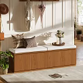 Wooden Storage Shoe Bench With Cushioned Seat Decorative Pillows And Flower Tray