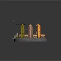 Cartoon Style Castle Scene With Colorful Towers Flags Green Arena And Winged Shield Emblem