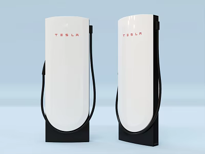 Tesla Charging Stations With White Design Black Base And Red Logo 3d model
