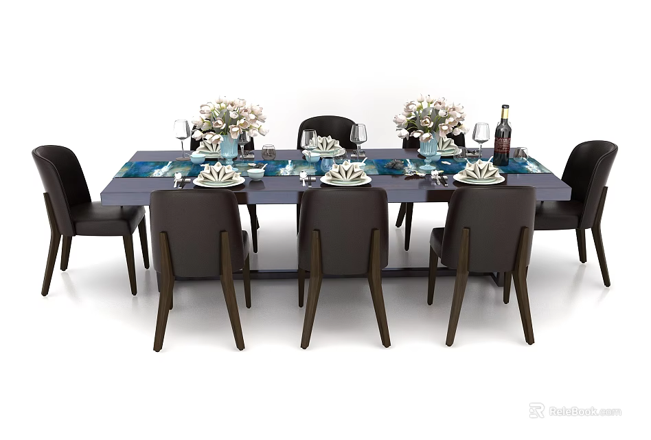 Modern Dining Table Set with Six Chairs Flower Arrangements Wine Bottle Glasses and Tableware 3d model 