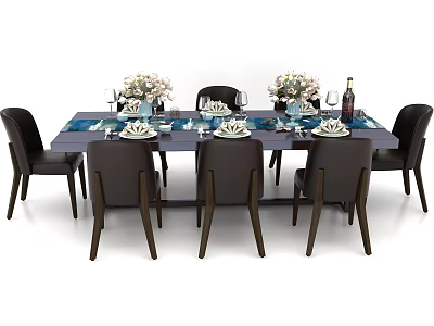 Modern Dining Table Set with Six Chairs Flower Arrangements Wine Bottle Glasses and Tableware 3d model