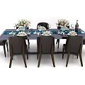Modern Dining Table Set with Six Chairs Flower Arrangements Wine Bottle Glasses and Tableware