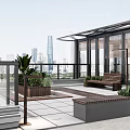 Modern Roof Terrace Garden With Glass Structure Bench Green Plants And City Skyline