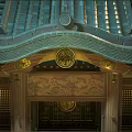 Cartoon Scene of Traditional Chinese Architecture with Green Roof Wooden Structure and Decorative Eaves