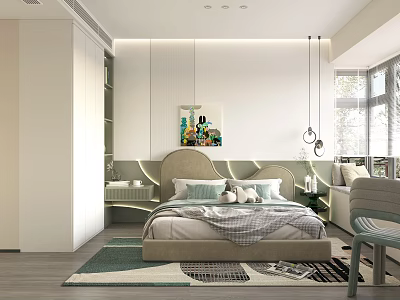 Modern Kids Room Interior With Cozy Bed Colorful Rug Artwork And Bookshelf Near Window 3d model