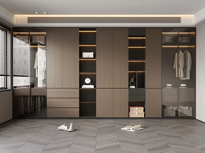 Modern Minimalist Custom Wooden Walk In Wardrobe With Glass Doors And Built In Warm Lighting 3d model