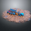 Blue Dump Truck Loaded With Dirt Surrounded By Scattered Soil