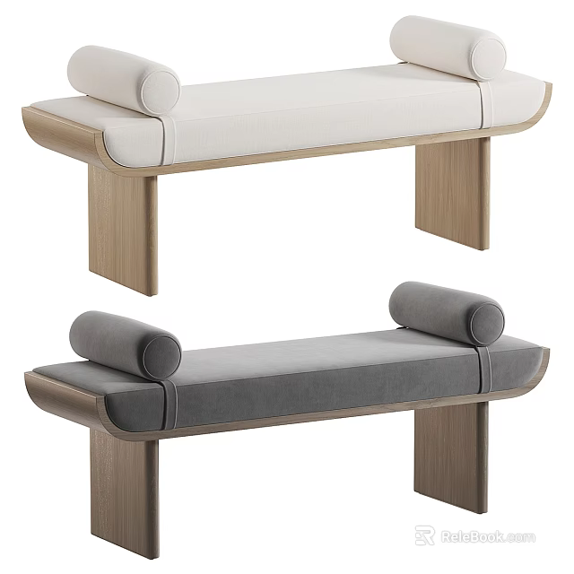 Modern Upholstered Bench With Wooden Legs Beige And Gray Cylindrical Armrests Design 3d model 