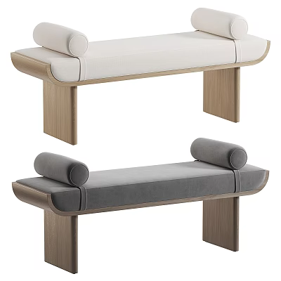 Modern Upholstered Bench With Wooden Legs Beige And Gray Cylindrical Armrests Design 3d model
