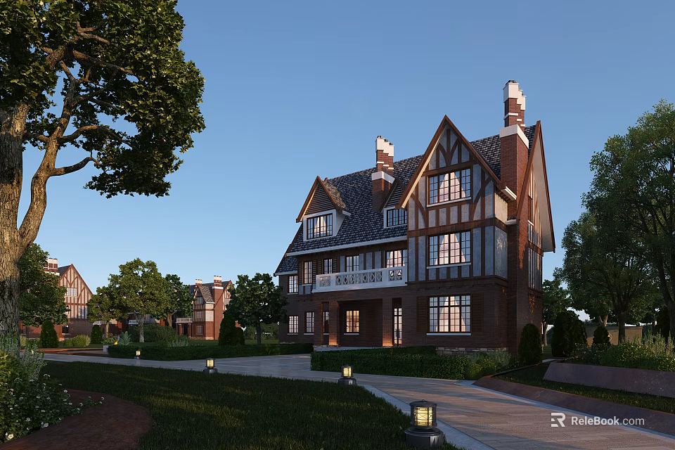 Exquisite Detached Villa With Red Brick Gabled Roof Chimneys Large Windows And Trees Lawn Driveway 3d model 