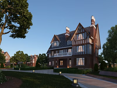 Exquisite Detached Villa With Red Brick Gabled Roof Chimneys Large Windows And Trees Lawn Driveway 3d model