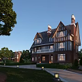 Exquisite Detached Villa With Red Brick Gabled Roof Chimneys Large Windows And Trees Lawn Driveway