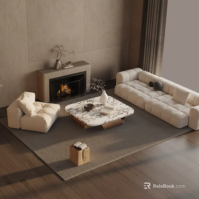 Modern Cream Sofa And Marble Coffee Table Set In Living Room With Fireplace And Area Rug 3d model 