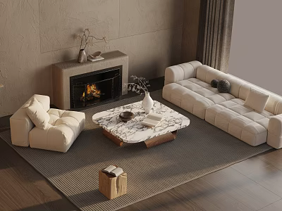 Modern Cream Sofa And Marble Coffee Table Set In Living Room With Fireplace And Area Rug 3d model
