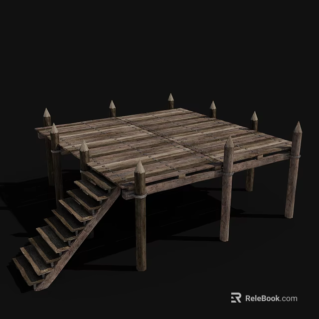 Ancient Architecture Wooden Platform Featuring Spiked Tops And Stairs Structure 3d model