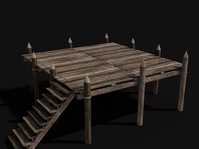 Ancient Architecture Wooden Platform Featuring Spiked Tops And Stairs Structure 3d model
